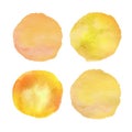 Vector painted orange watercolor splatters, textured circle backgrounds set isolated on white. Bright yellow watercolor stains Royalty Free Stock Photo