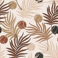 Vector palm leaf line art seamless pattern on modern earth toned scribble polka dot background