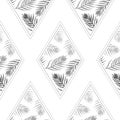 Vector Palm Leaves Composition inside Rhombus in Black and White seamless pattern background. Perfect for fabric, wallpapper and Royalty Free Stock Photo