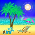 Vector with palm tree , coconut and beach items on sunrise background . Royalty Free Stock Photo