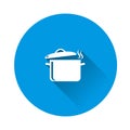 Vector pan icon with steam. Cooking symbol on blue background. Flat image with long shadow