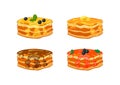 Vector pancakes, cartoon illutration, different syrups and honey, sweet pancake isolated.