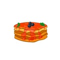 Vector pancakes, cartoon illutration, red pouring, sweet pancake isolated on white background.