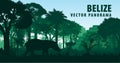 Vector panorama of Belize with jungle raimforest, tapir and ancient Mayan ruin