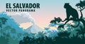 Vector panorama of El Salvador with jungle raimforest and jaguar