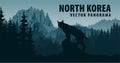 Vector panorama of North Korea with mountain Chilbosan and lynx in woodland