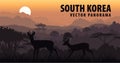 Vector panorama of South Korea with mountains woodland and roe deers Royalty Free Stock Photo