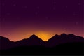 Vector panoramic illustration of sunrise over mountain landscape with dramatic purple sky