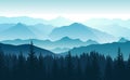 Vector Panoramic Landscape With Blue Silhouettes Of Foggy Mountains And Forest In Front