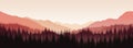 Vector panoramic landscape with red silhouettes of trees and hills