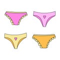 Vector panties. Set of four types of women underwear - pink and yellow. Royalty Free Stock Photo