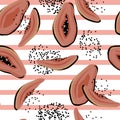 Vector papaya seamless pattern on white and pink striped background.