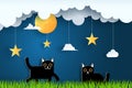 Vector paper art and landscape, digital craft style in the night with two black cats, moon, cloud, and star, on blue background Royalty Free Stock Photo