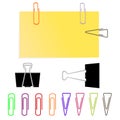 Vector paper clips of various shapes and yellow note paper. Royalty Free Stock Photo