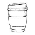 Vector paper coffee cup for takeaway black and white illustration for hot drinks with lid and cupholder. Coffee template