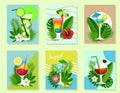 Vector paper cut cocktail summer drink card set