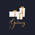 Vector paper cut giveaway banner illustration. Gold lettering text and luxury gift boxes on black background. Design poster for Royalty Free Stock Photo