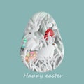 Vector paper cut illustration of colorful easter rabbit, grass,