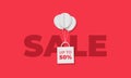 Vector paper cut sale banner. White shopping bag flying on balloons with discount text on red background with sale word. Design Royalty Free Stock Photo