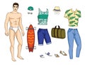 Vector paper doll man with colorful set of stylish summer outfit with accessories and shoes. Royalty Free Stock Photo