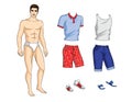 Vector paper doll man with set of stylish summer clothes and shoes.