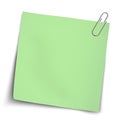Vector paper mockup of yellow note attached by metallic paper clip placed on white background Royalty Free Stock Photo