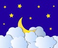 Vector Paper Moon in Clouds, Starry Night Illustration.