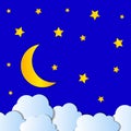 Vector Paper Moon, Stars and Clouds, Origami Illustration. Royalty Free Stock Photo