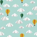 Vector paper seamless pattern with clouds and hot air balloons Royalty Free Stock Photo