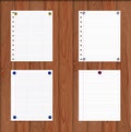 Vector Paper Sheets Attached by Pin Buttons to the Wooden Wall, Brown Wood Texture. Royalty Free Stock Photo