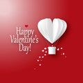 Vector paper style card for Valentine`s day. White hot balloon with flying hearts and text on red background. Royalty Free Stock Photo