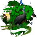 Vector Papua New Guinea Jungle Emblem with crocodile, Fruit Bat, victoria crowned pigeon, cassowary, heron, Lesser Bird