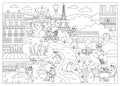 Vector Paris black and white landscape illustration. French capital city scene with people, animals, sights, buildings, Eiffel Royalty Free Stock Photo