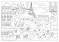 Vector Paris black and white landscape illustration. French capital city scene with sights, buildings, Eiffel tower, bakery. Cute Royalty Free Stock Photo