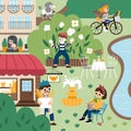 Vector Paris landscape illustration. French capital city scene with people, animals, sights, traditional building, bakery. Cute