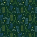 Vector Paris Streets Dark Green Drawing Seamless Pattern with Eifel Tower, houses, cars and stars. Perfect for travel