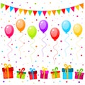 Vector party background with colorful balloons, flags and gifts Royalty Free Stock Photo