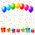 Vector party background with colorful balloons, gifts and confeti