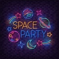 Party colorful signboard with space neon symbols. Glowing planets, moon, comets and stars on brick wall background