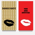 Vector party greeting or invintation cards set with lipstic stamp.