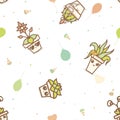 Vector Party Kawaii House Plants in Terracotta Pots on White seamless pattern background. Perfect for fabric