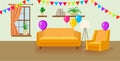 Vector party room, birthday surprise party decorations, colorful background template, decorated with balloons.