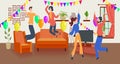 Vector party room and partying people, birthday surprise party decorations, colorful background template, friends.