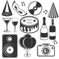 Vector party set of emblems, badges, stickers or banners. Design elements in vintage style. Black icons and logo Royalty Free Stock Photo