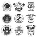 Vector party set of emblems, badges, stickers or banners. Design elements in vintage style. Black icons and logo Royalty Free Stock Photo