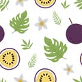 Vector passion fruit seamless pattern. Jungle fruit repeat background. Hand drawn flat exotic texture d. Bright childish healthy Royalty Free Stock Photo