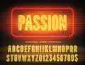 Vector passion night light sign and narrow bold yellow neon font with numbers on brick wall background