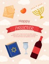 Vector Passover greeting card template banner. Pesach poster with matzo, wine bottle, candles, book on pastel pink