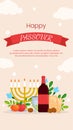 Vector Passover greeting card template banner. Pesach poster with matzo, wine bottle, candles, book, spring flowers on