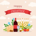 Vector Passover greeting card template banner. Pesach poster with matzo, wine bottle, candles, book, spring flowers on